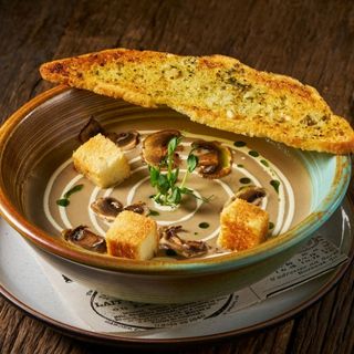 Wild Mushroom Velouté, creamy truffle mushroom soup at Flare Italian Restaurant, Karon Beach, Phuket
