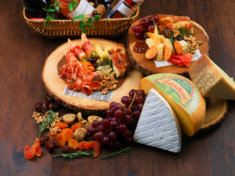 Cold cuts with cheese and wine