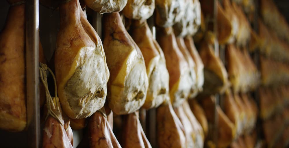 A wall of legs of Parma Ham hanging in organized rows 